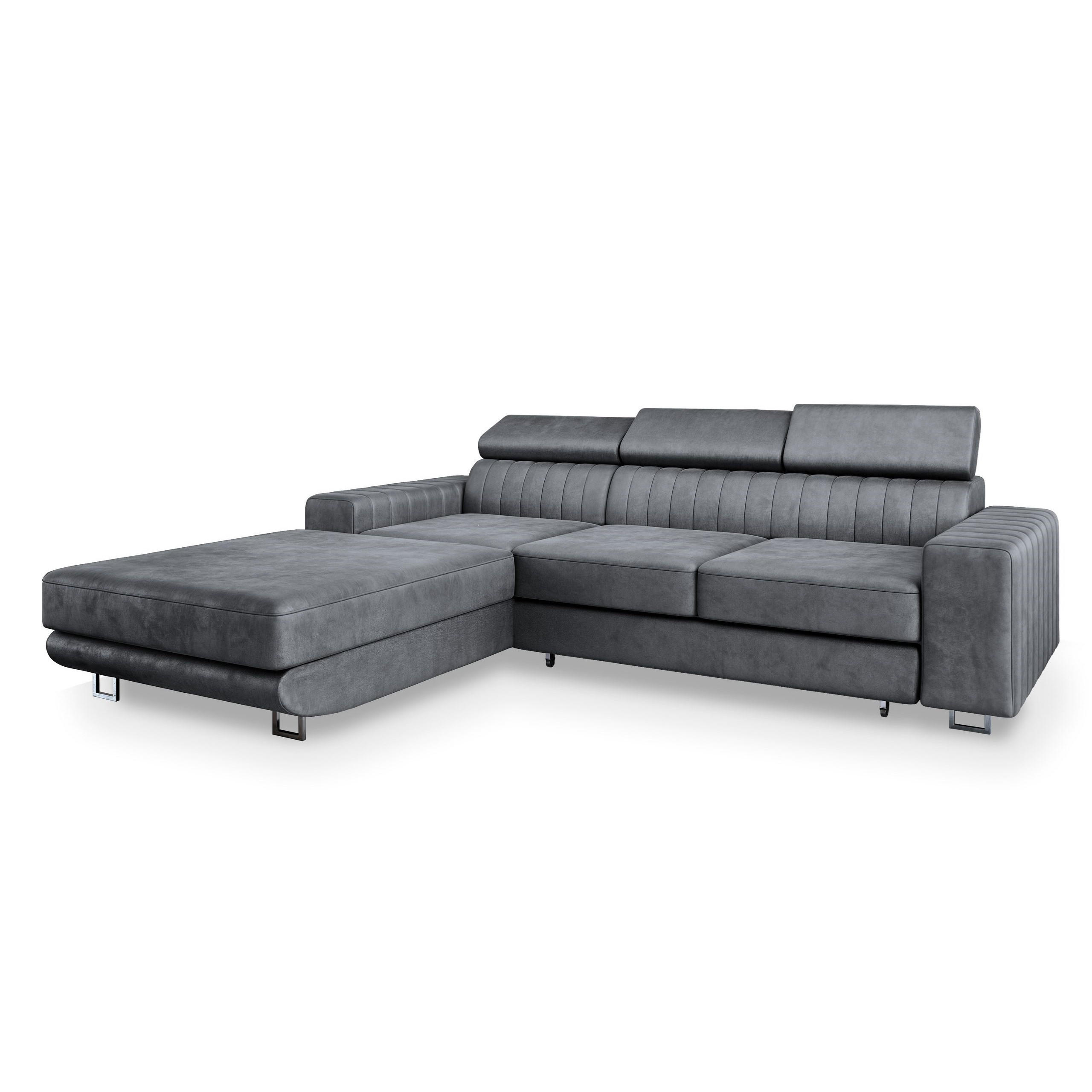 ECKSOFA NOTO L-S Grau Velours-Stoff mit Schlaffunktion - Grau, Holz (267/190cm) - MASSENO