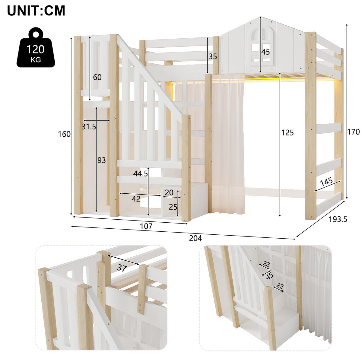 HOCHBETT 140/200 cm Weiß mit LED-Beleuchtung aus Kiefernholz mit Ablageleiter - Weiß, Holzwerkstoff (140/200cm) - OKWISH