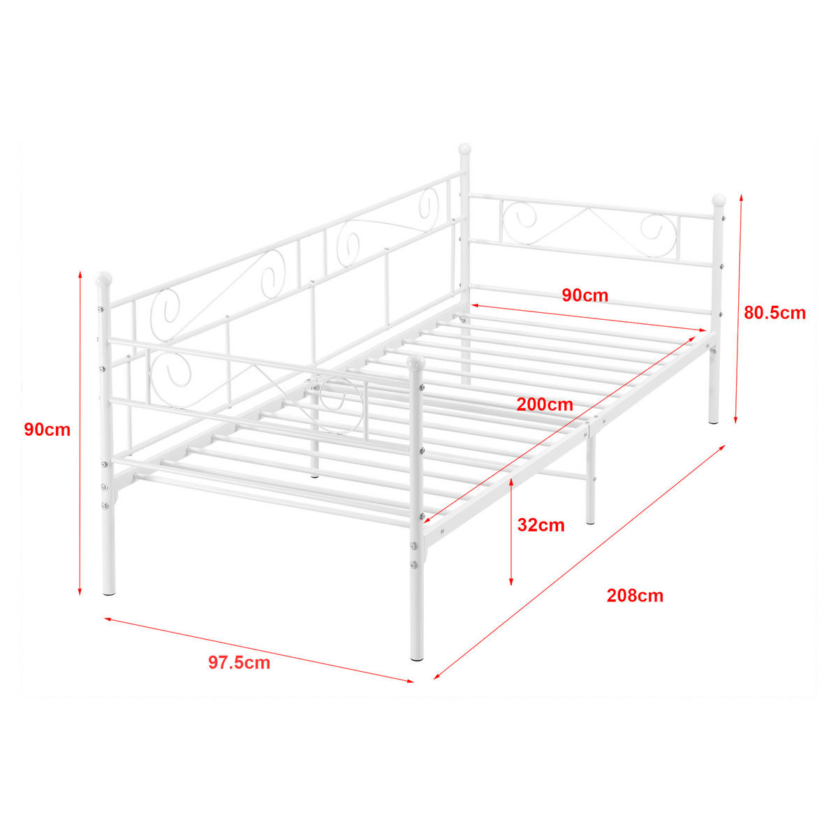 TAGESBETT Kerava - Weiß, Metall (90/200cm) - [en.casa]