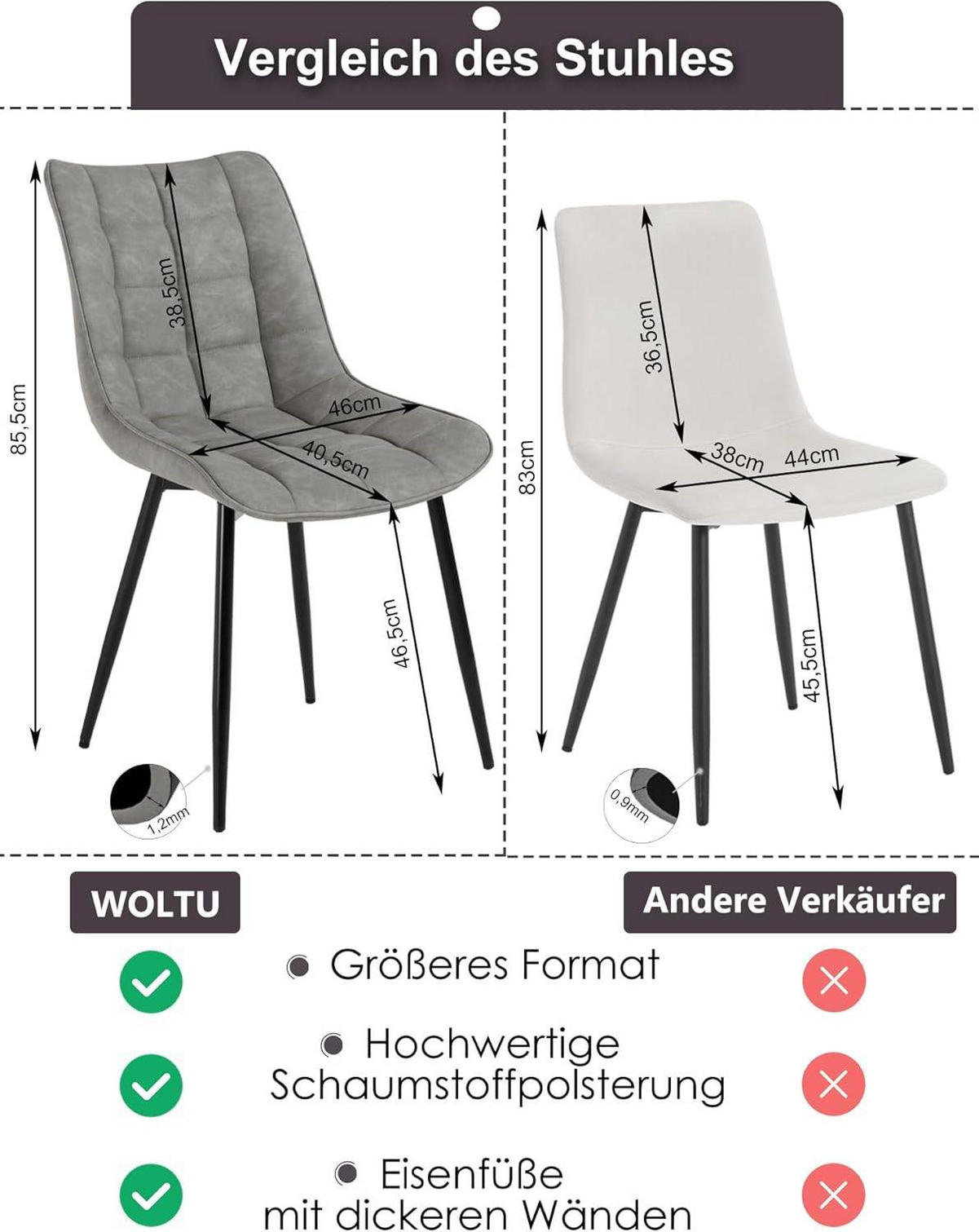 ESSZIMMERSTUHL 2er Set, Sitzfläche aus Kunstleder - Schwarz/Grau, Metall (46.5/85.5/46cm) - Woltu