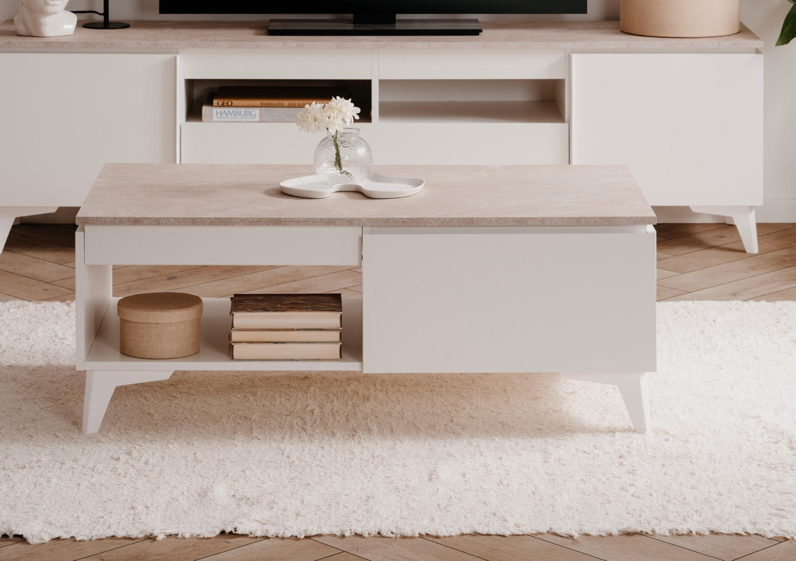 COUCHTISCH weiß, Sandstein 100 cm, Wohnzimmertisch mit Schubkasten - Sandfarben/Weiß, Holzwerkstoff/Kunststoff (55/100/40cm) - Furn.Design