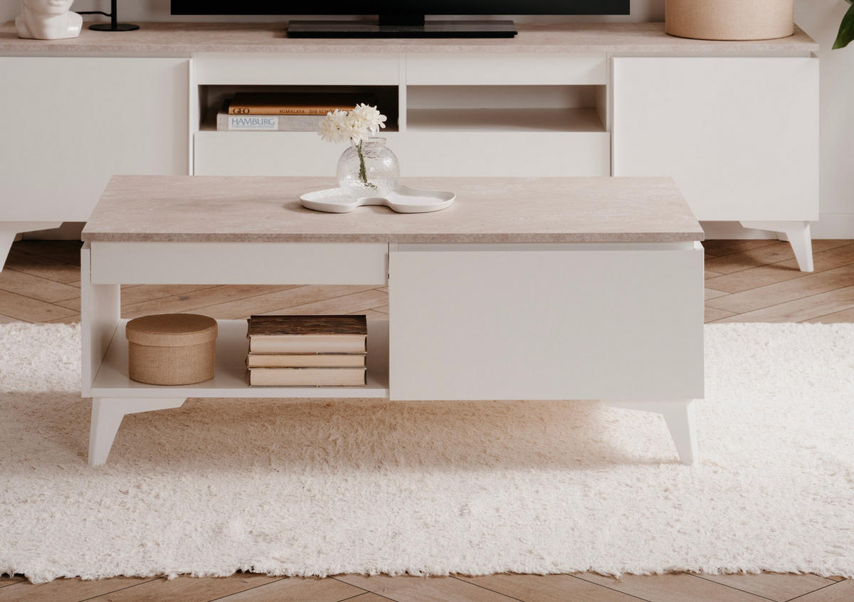 COUCHTISCH weiß, Sandstein 100 cm, Wohnzimmertisch mit Schubkasten - Sandfarben/Weiß, Holzwerkstoff/Kunststoff (55/100/40cm) - Furn.Design