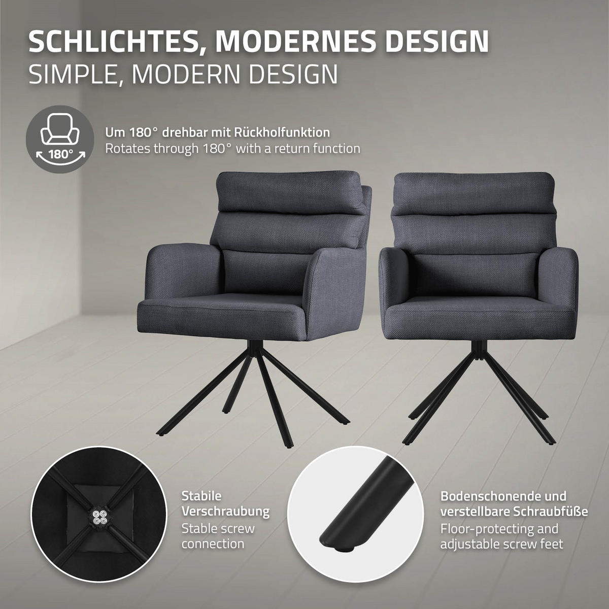 ESSZIMMERSTUHL Anthrazit - Anthrazit/Schwarz, Textil/Metall (64.5/93/64cm) - ML-DESIGN