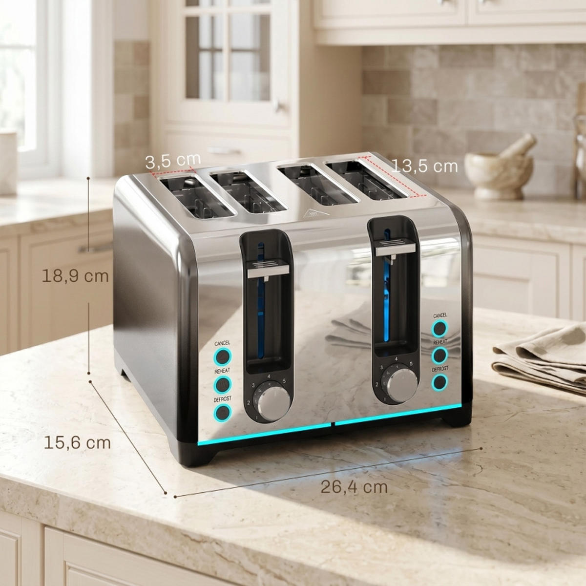 TOASTER 4-SCHEIBEN- 7 Bräunungsstufen, Auftaufunktion, Schwarz, 26,4/15,6/18,9 cm - Schwarz, Kunststoff (15.6/18.9/26.4cm) - Rolipo