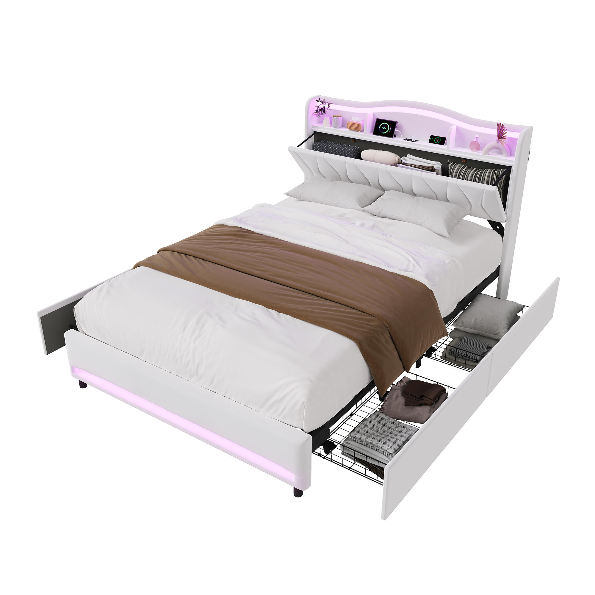 POLSTERBETT 160x200 cm Beige mit LED, USB-C, 4 Schubladen - Beige, Holz (160/200cm)