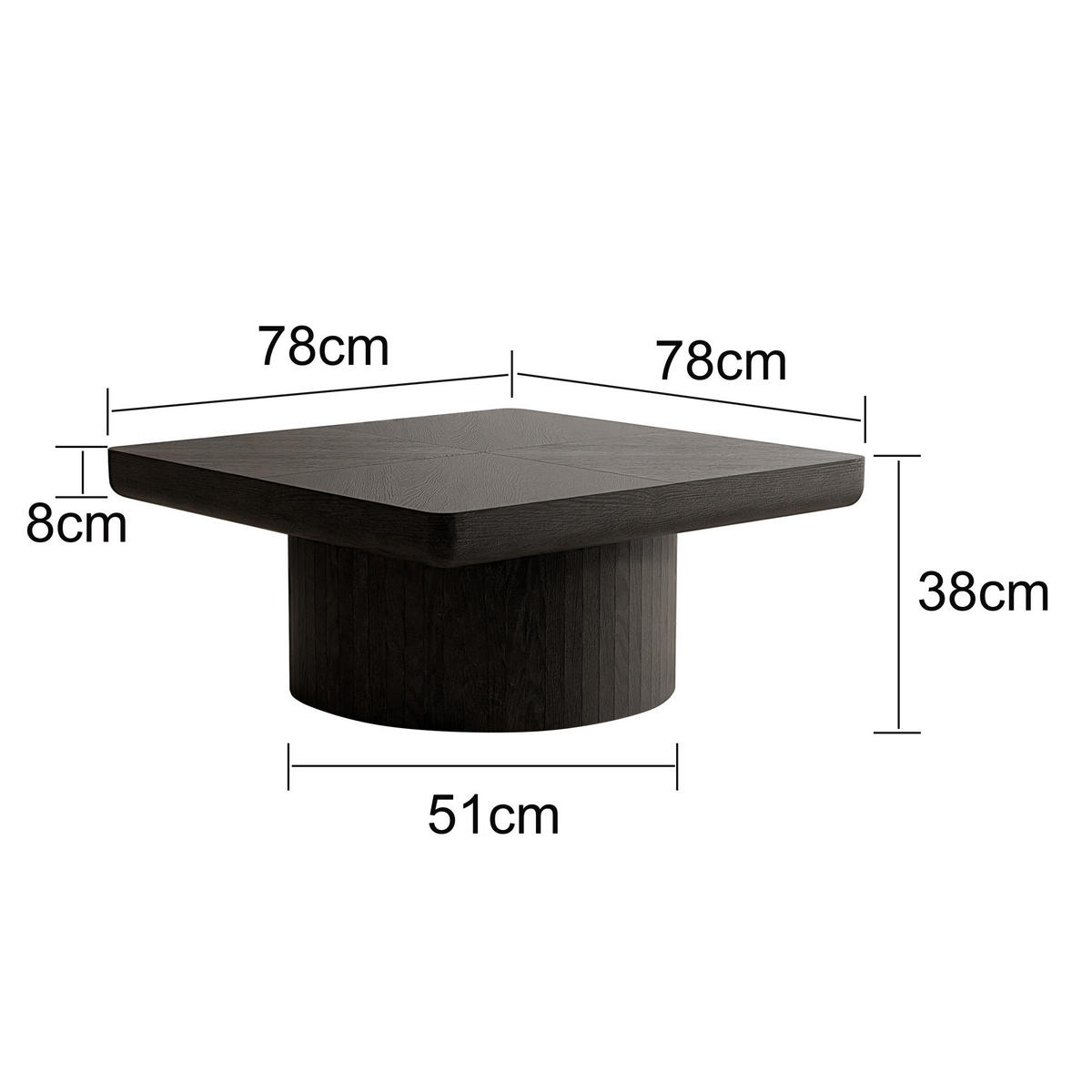COUCHTISCH aus Massivholz 78x78x38 cm und MDF Schwarz mit Parkettoptik und zylindrischem Sockel - Schwarz, Holz (78/78/38cm) - IVMEU