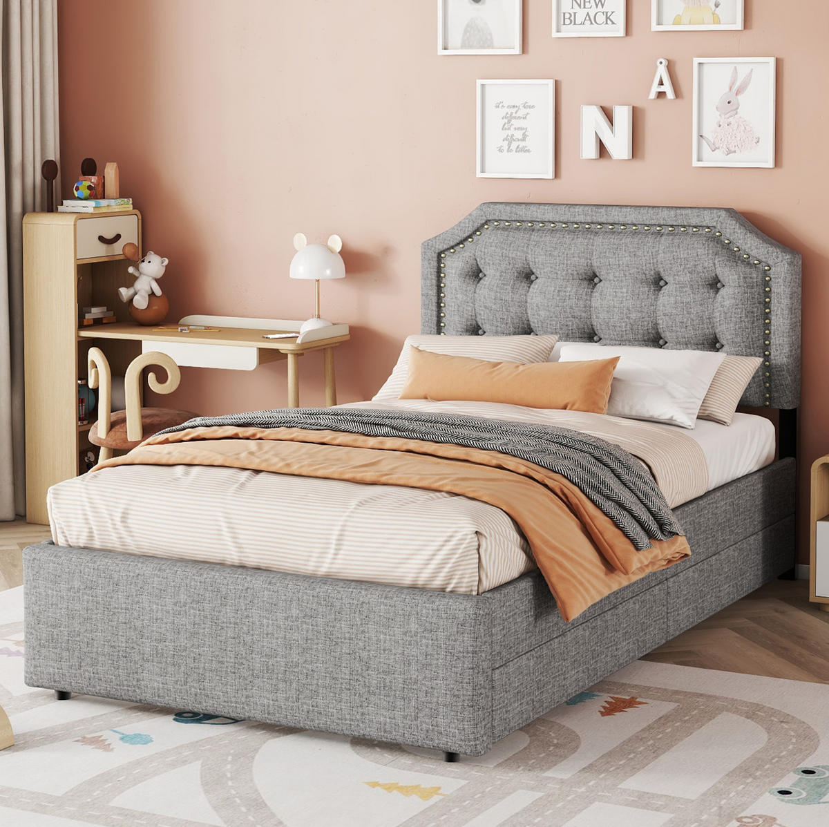 POLSTERBETT 90/200 cm Grau mit 2 Schubladen und verstellbarem Kopfteil - Grau, Textil (90/200cm) - Flora Grace