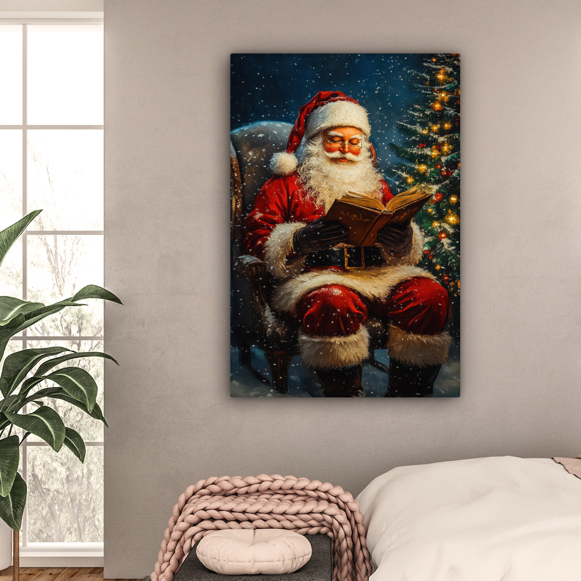 LEINWANDBILD Weihnachtsmann - Weihnachten - Winter - Weihnachtsbaum 90x140 cm - Bordeaux, Textil (90/140cm) - MuchoWow