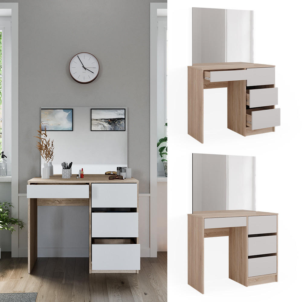 SCHMINKTISCH Sherry Sonoma 90 cm mit Spiegel - Weiß/Sonoma Eiche, Holzwerkstoff (90/75/40cm) - Vicco