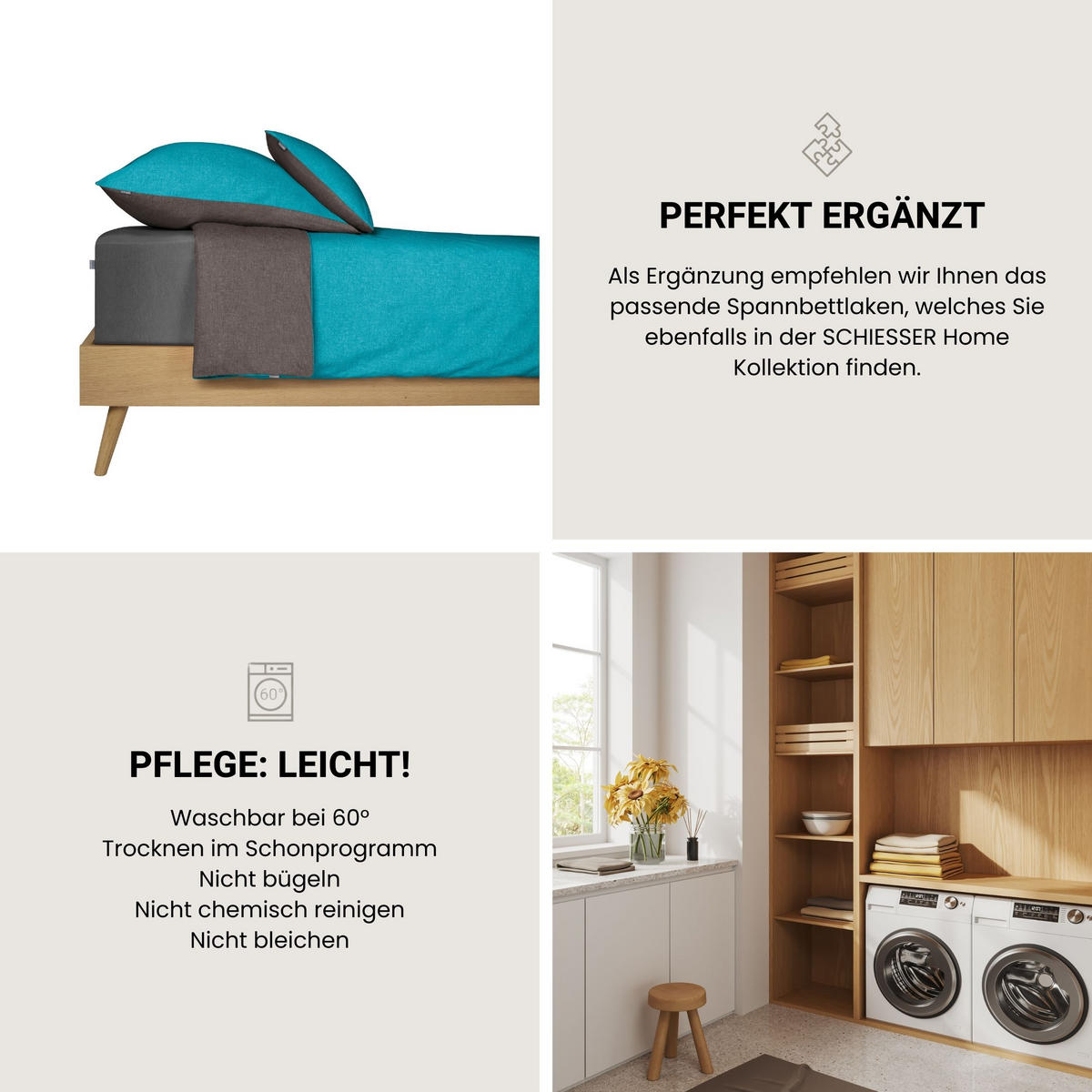 BETTWÄSCHESET Doubleface - Renforcé - 2-teilig - 155 x 220 cm - Türkis-Dunkelgrau - Türkis/Dunkelgrau, Textil (155/220cm) - SCHIESSER