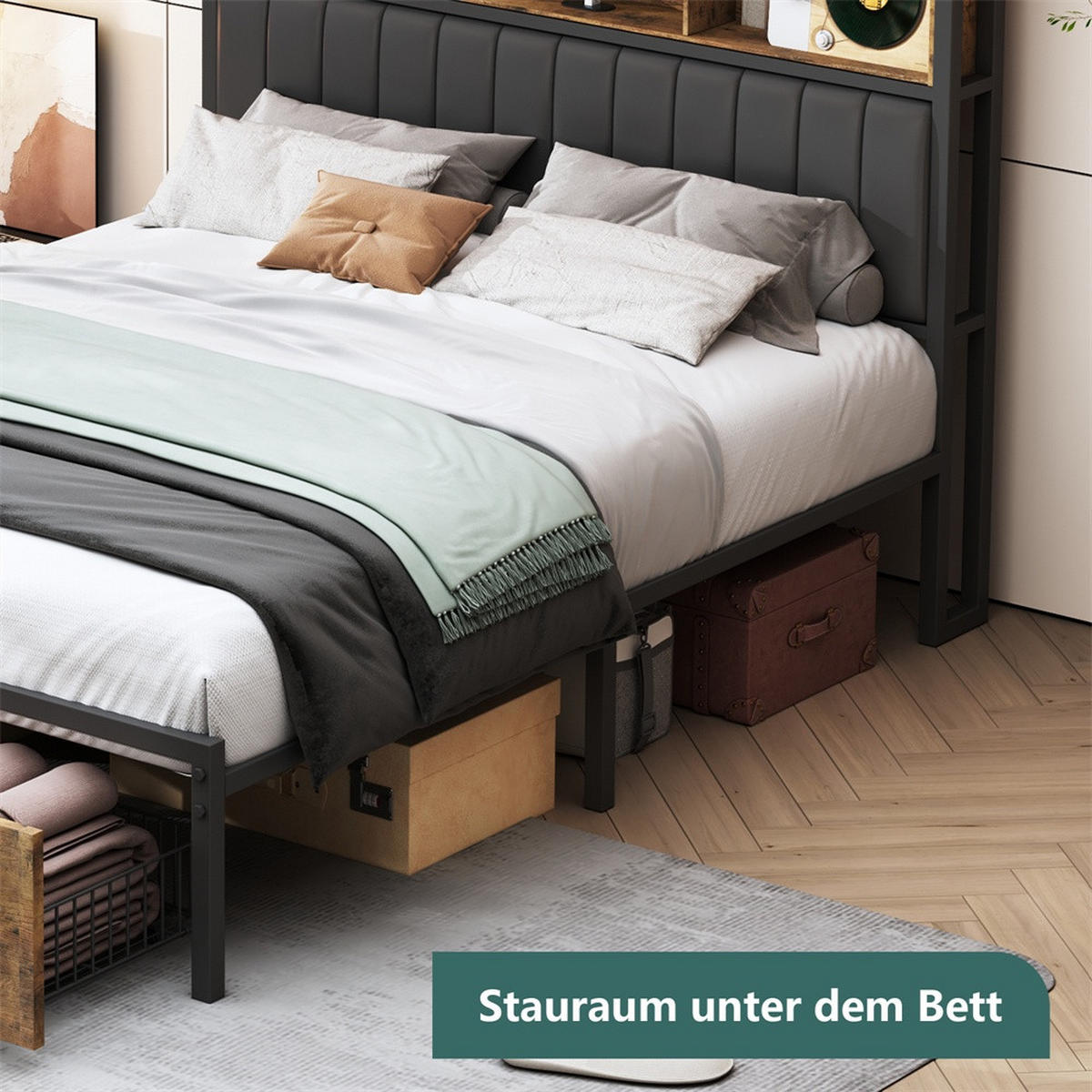 METALLBETT 140 x 200 cm mit 2 Schubladen - Kopfteil-Ablage mit LED-Beleuchtung und USB-Anschlüsse - Braun-Schwarz - Braun, Metall (140/200cm) - DELFA