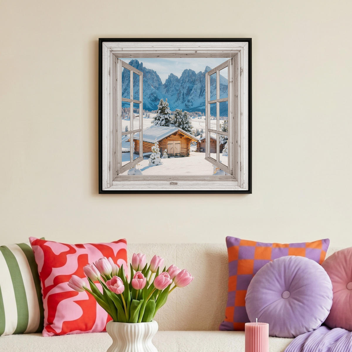 LEINWAND Bilder mit Rahmen - Winterlandschaft - Hütte - Berge - Ausblicke - Aussicht - Natur - 50x50 - Weiß Hochglanz, Textil (50/50cm) - MuchoWow