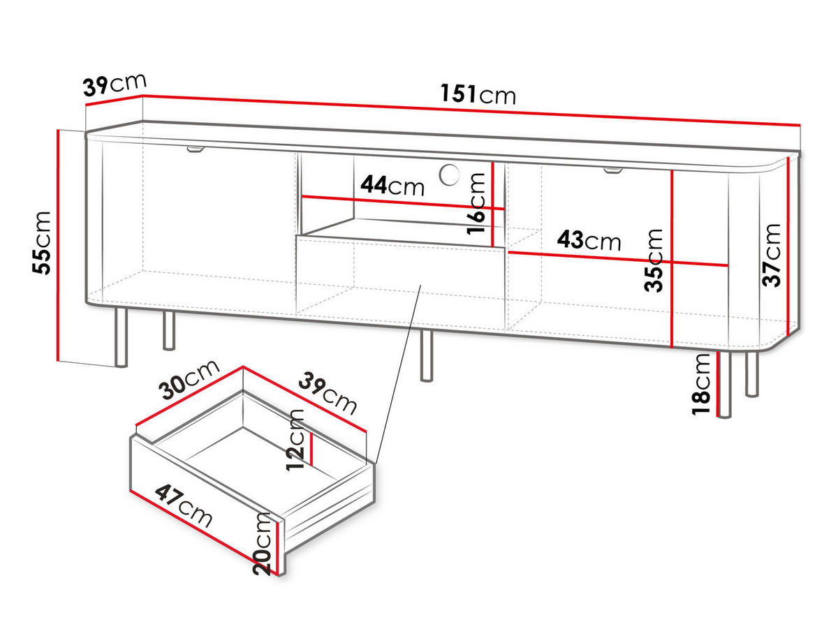 TV-ELEMENT Pero 150 02 - Nussbaumfarben/Schwarz, Holzwerkstoff/Metall (151/55/39cm) - MIRJAN24