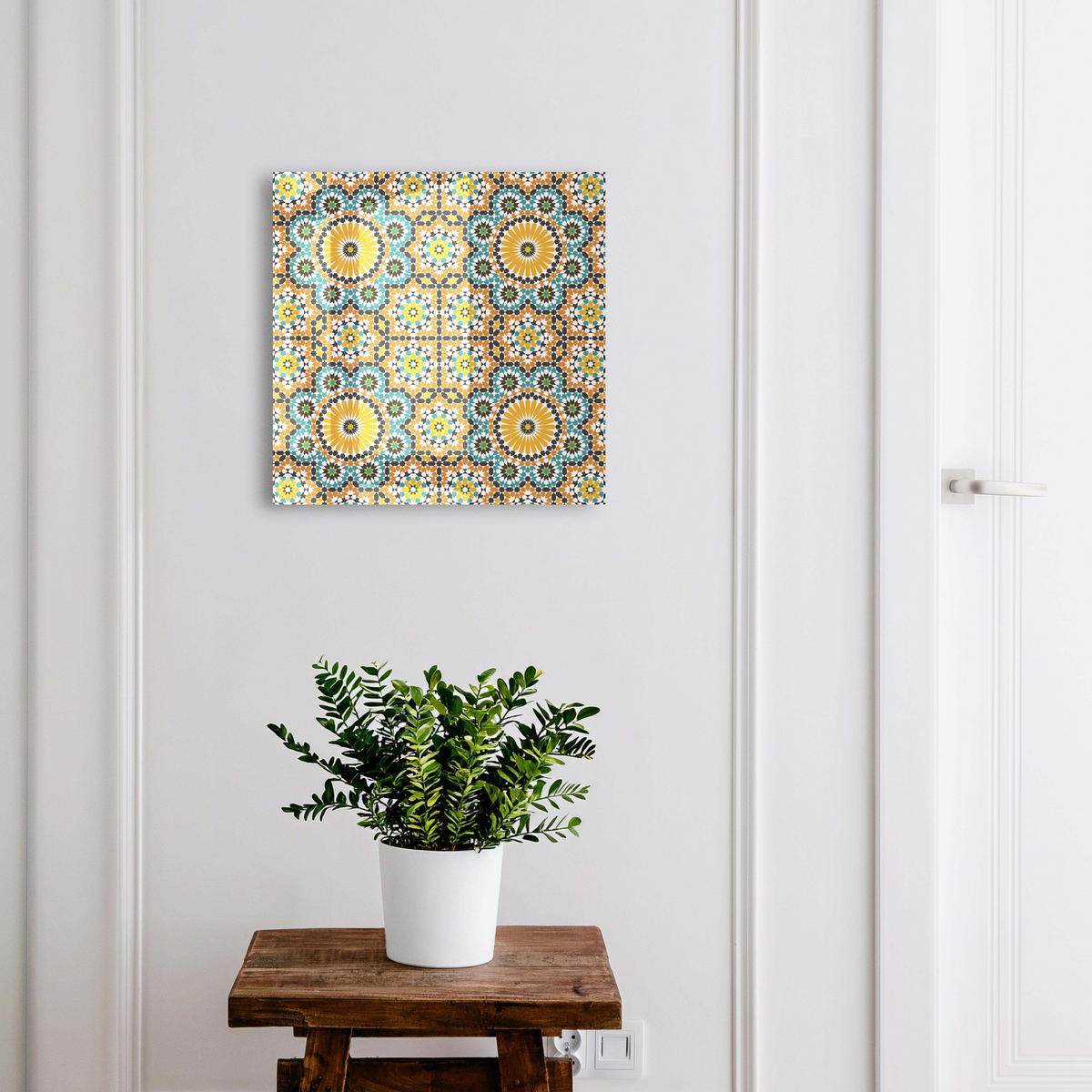 SCHLÜSSELBOX Weiß 30x30 cm – Türöffnung nach rechts - Geometrisches Mosaik - Orange, Metall (30/30/5cm) - TULUP