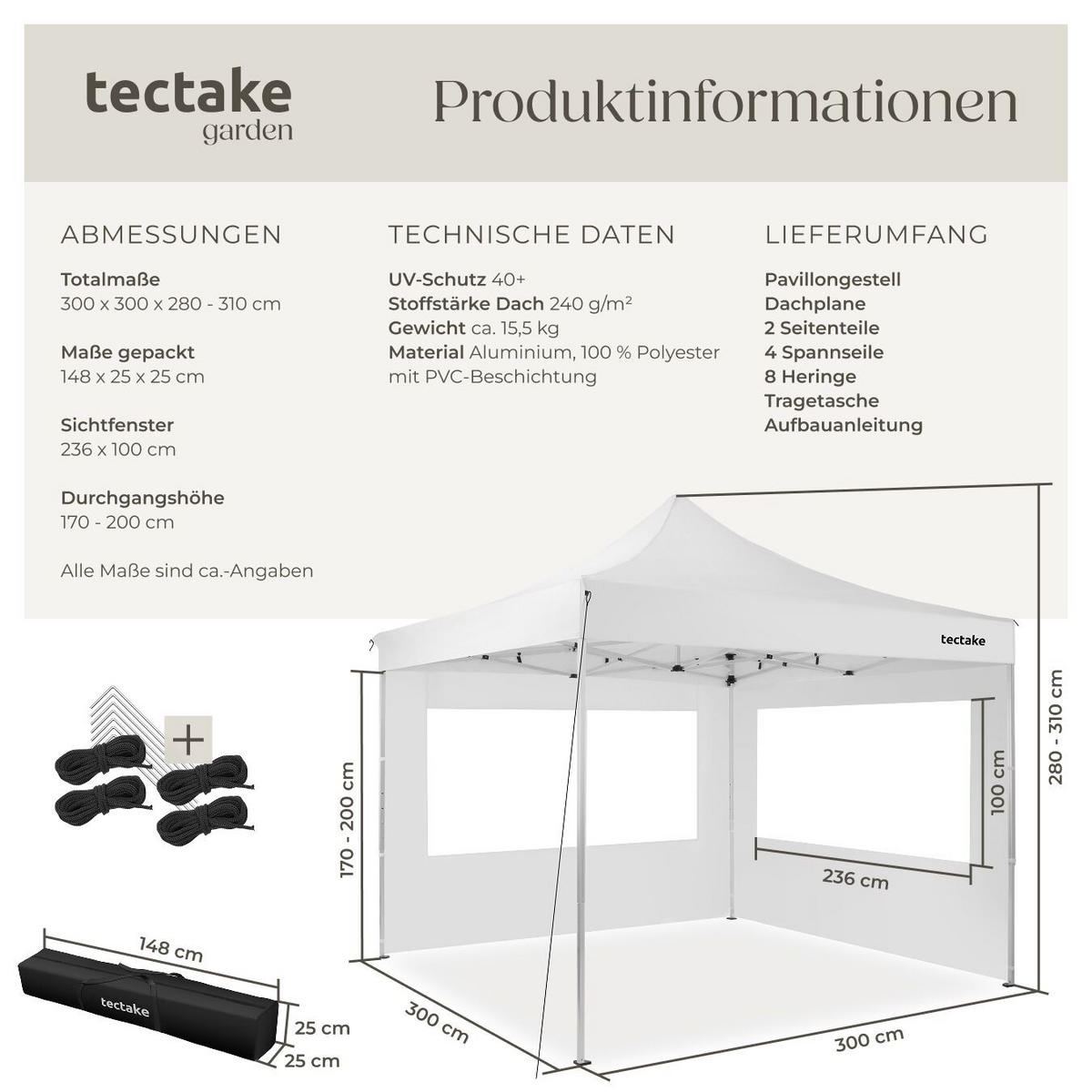 PAVILLION aus Aluminium Olivia, inklusive Spannseilen, Heringen und Tragetasche, weiß - Weiß, Kunststoff (300/280/300cm) - tectake
