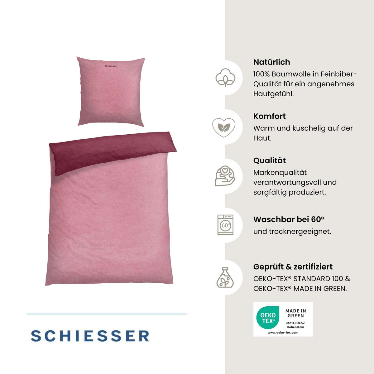 BETTWÄSCHESET Doubleface Feinbiber 2-teilig 155x220 cm Rosa - Rosa, Textil (155/220cm) - SCHIESSER