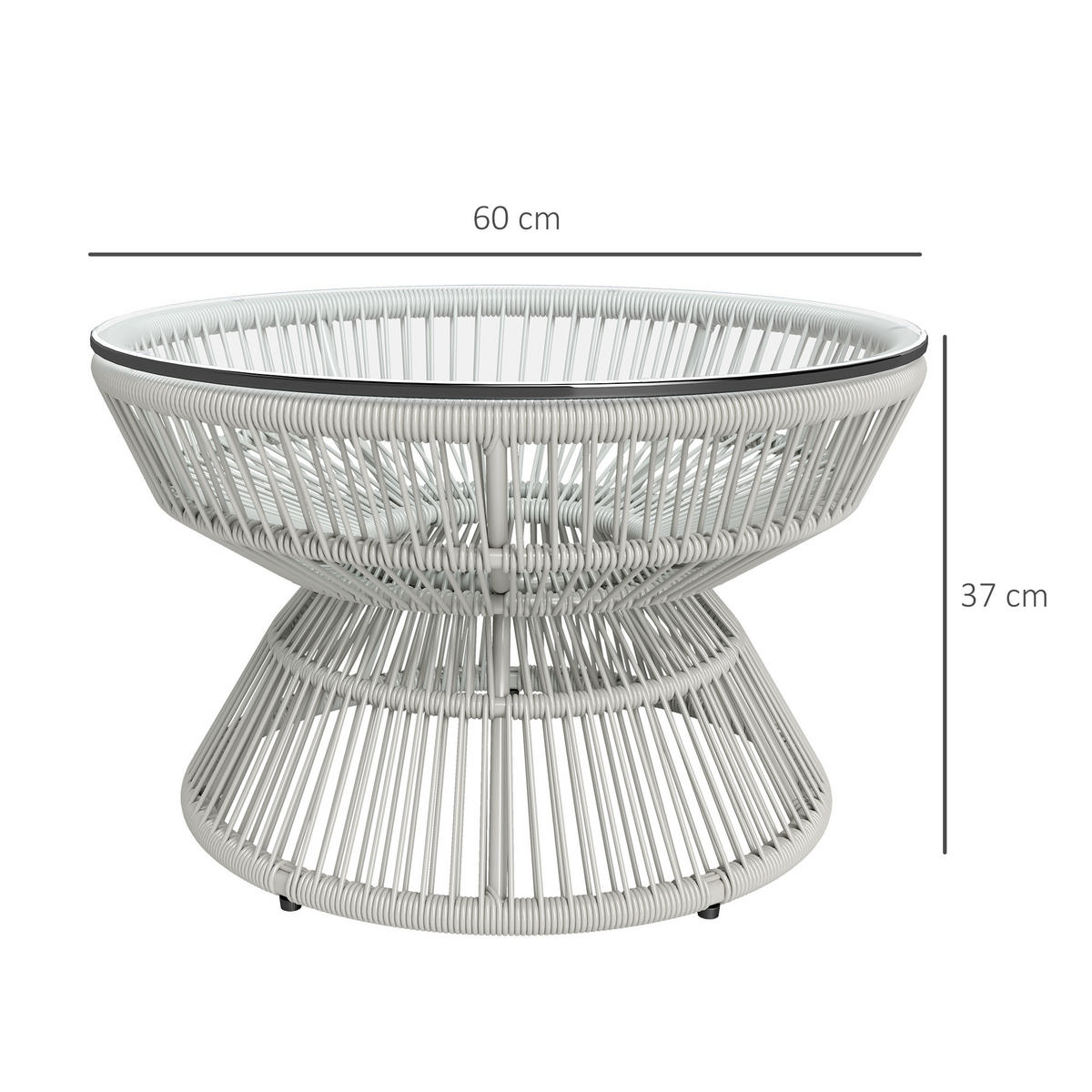 GARTENBEISTELLTISCH DE-13612 rund mit Glasplatte Natur - Hellgrau, Kunststoff/Metall (60/60/37cm) - ComfortXL