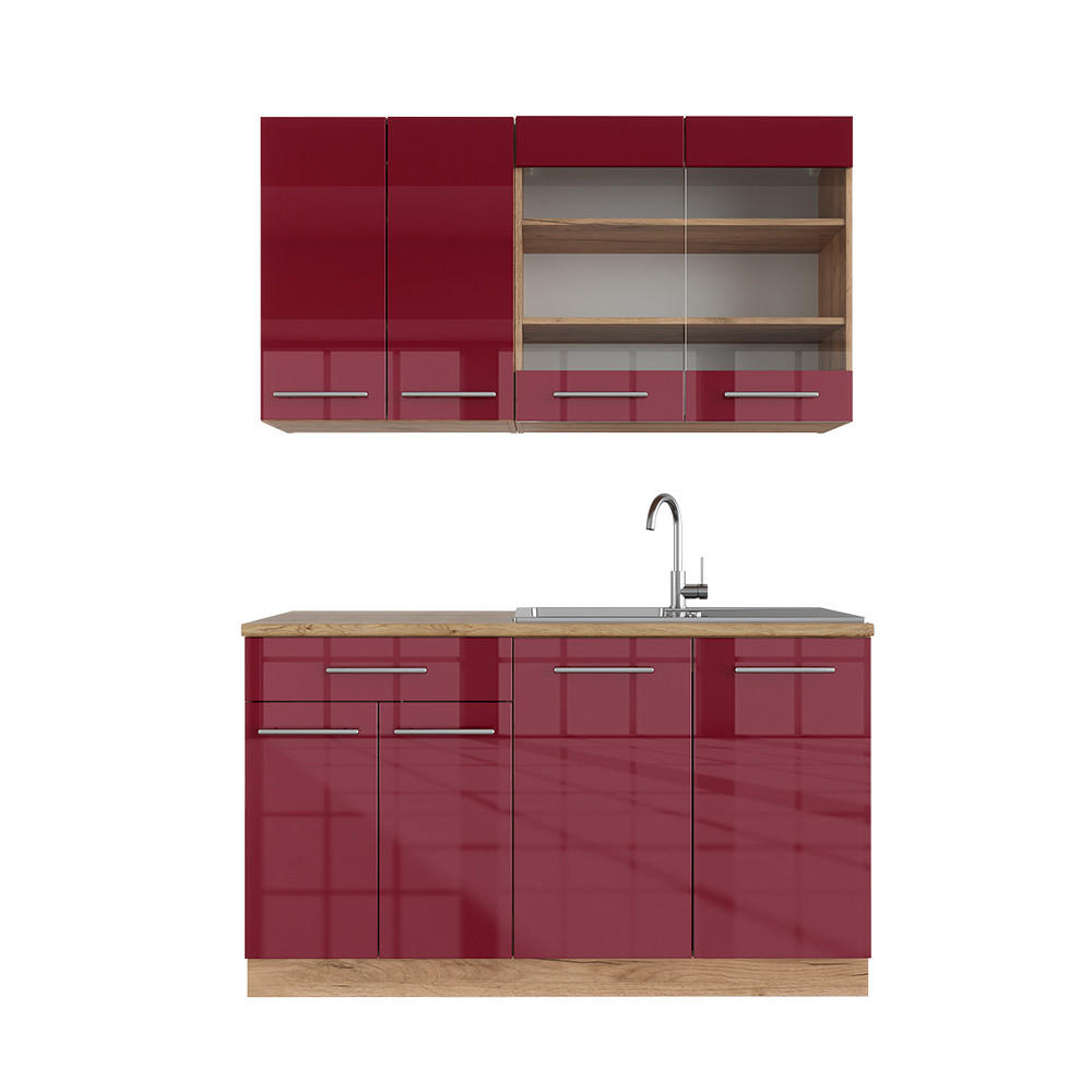 SINGLEKÜCHE Fame-Line Bordeaux Hochglanz/Goldkraft Eiche 140 cm AP Eiche - Bordeaux/Eiche Wotan, Holzwerkstoff (140/81.6/60cm) - Vicco