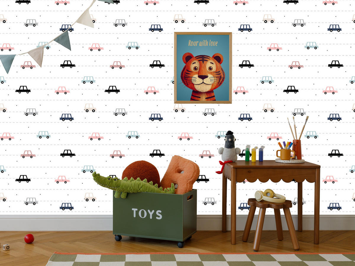 VLIESTAPETE Autos im skandinavischen Stil – Pastellbunt, Weiß – 50x1000 cm - Multicolor/Weiß, Papier (50/1000cm) - Muralo