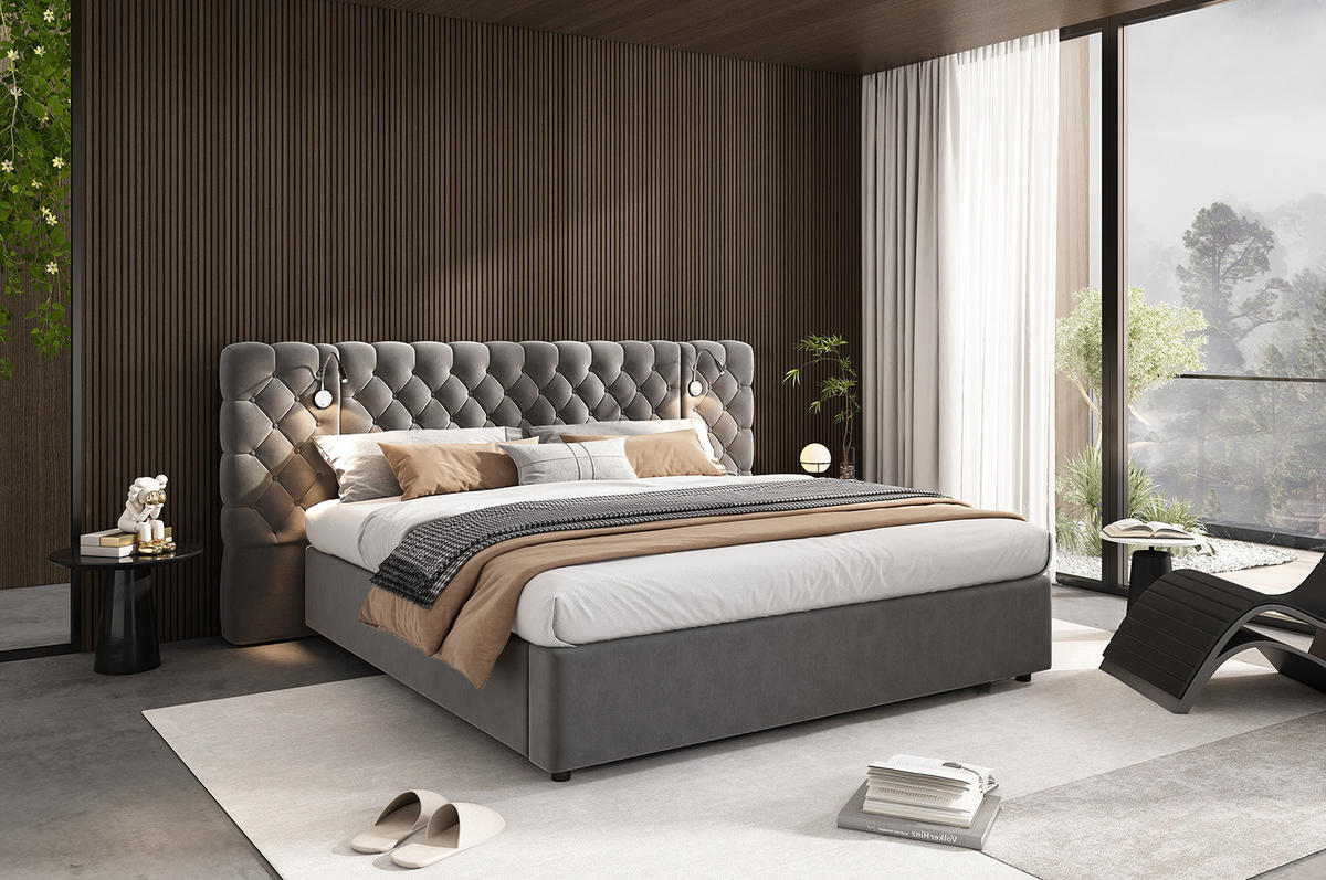 POLSTERBETT 180/200 cm grau aus Samt mit Bettkasten und Leselicht - Grau, Textil (180/200cm) - OKMYHOME