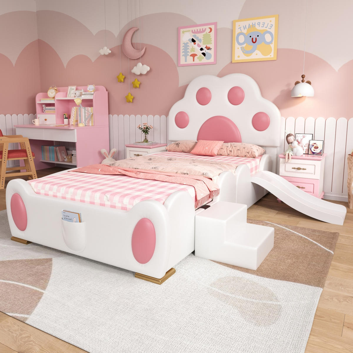 KINDERBETT aus PU 90x200 cm Weiß/Rosa mit Rutsche, zweistufiger Leiter und Katzenpfoten-Kopfteil - Weiß, Kunststoff (90/200cm) - Modfu