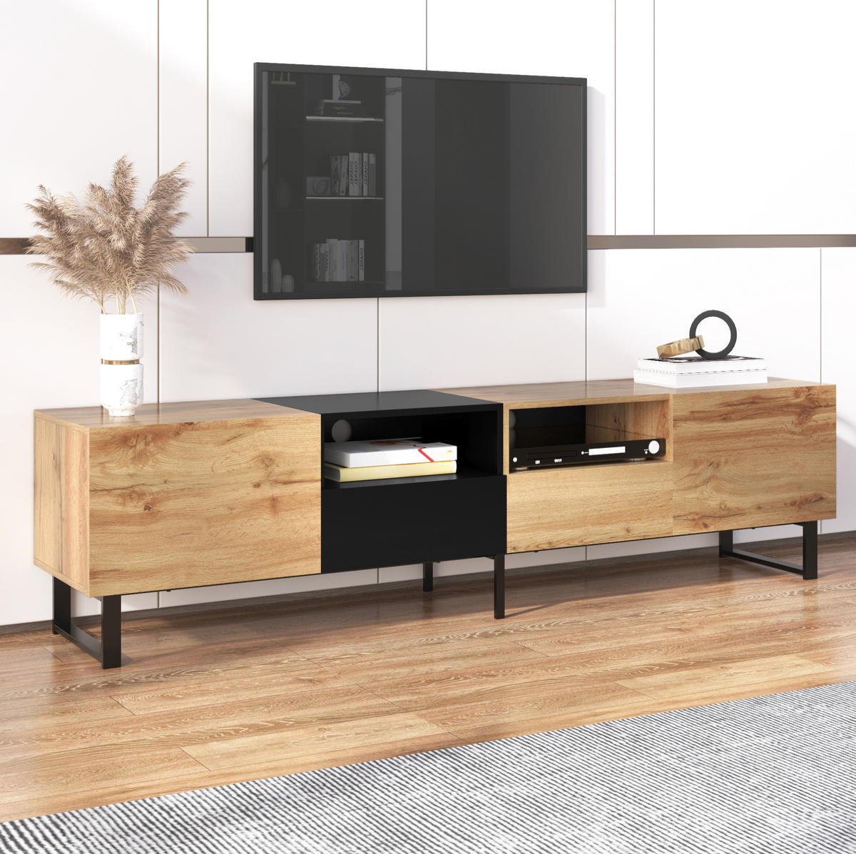 LOWBOARD 190/38/48 cm Schwarz/Naturholz aus MDF mit 2 Türen und 2 Schubladen - Naturfarben, Holzwerkstoff (38/48/190cm) - OKMYHOME