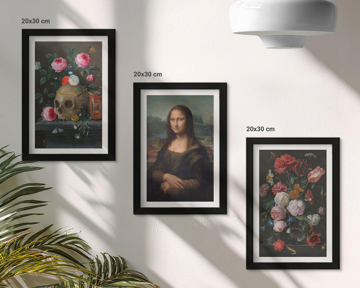 BILDER SET 3er Set - 20x30 cm Schwarzer Rahmen - Blumenschädel-Porträt Mona Lisa - Schwarz, Kunststoff (20/30cm) - TULUP