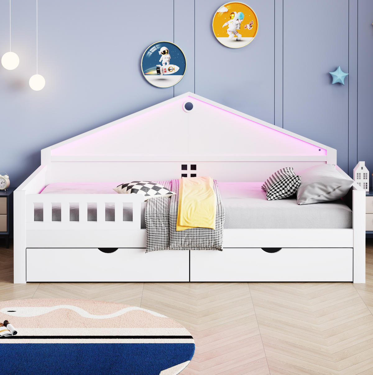 KINDERBETT 90/200 cm in Weiß mit 2 Schubladen und LED-Lichtleiste - Weiß, Holz (90/200cm) - BEAOK