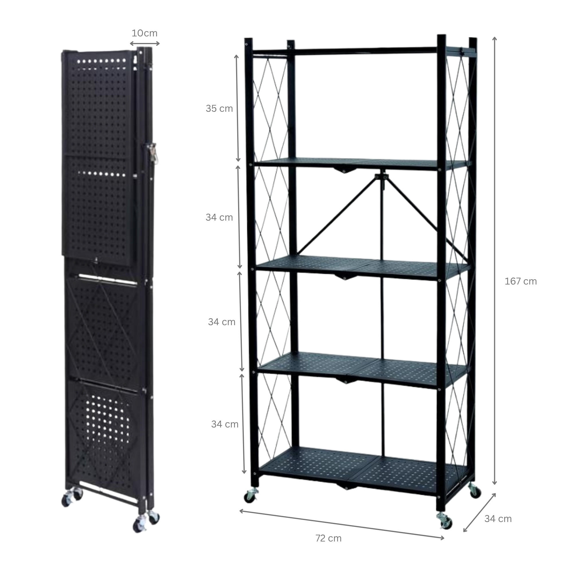 KLAPPREGAL auf Rollen 5 Fachböden Belastbarkeit 250kg 167x72x34 cm Schwarz - Schwarz, Metall (72/167/34cm) - PROREGAL