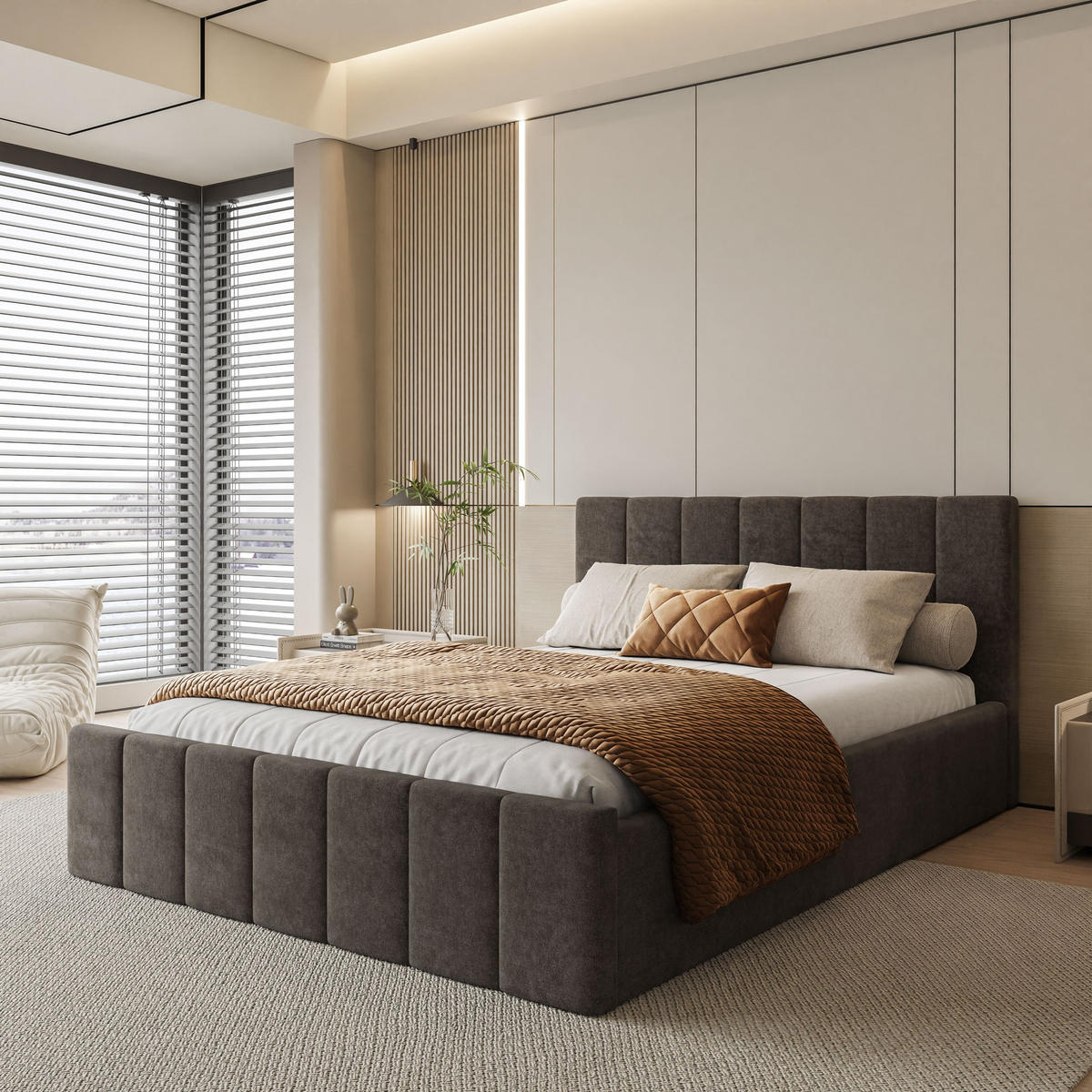 POLSTERBETT ELISE 140x200 cm Boston Brown, Kopfteil 95 cm, 34 Holzlatten - Braun, Textil (140/200cm) - Lookway