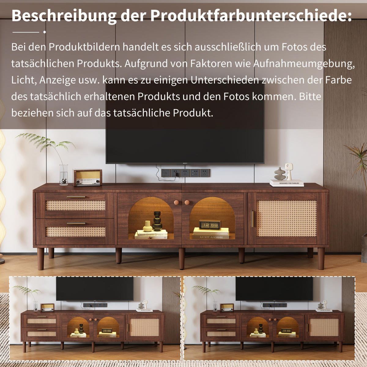 LOWBOARD 180/40/50 cm in Braun mit LED-Beleuchtung und Rattanfronten - Braun, Holzwerkstoff (180/50/40cm) - Flora Grace