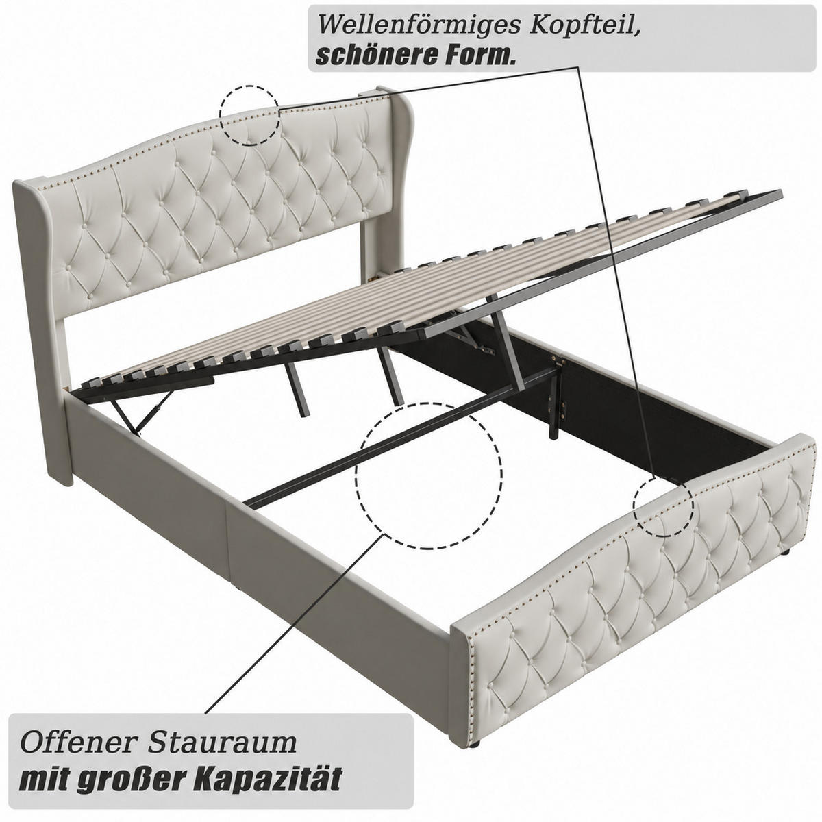 POLSTERBETT 140/190 cm mit Stauraum & Knopfheftung - Beige, Holz/Metall (140/190cm) - Joyfair