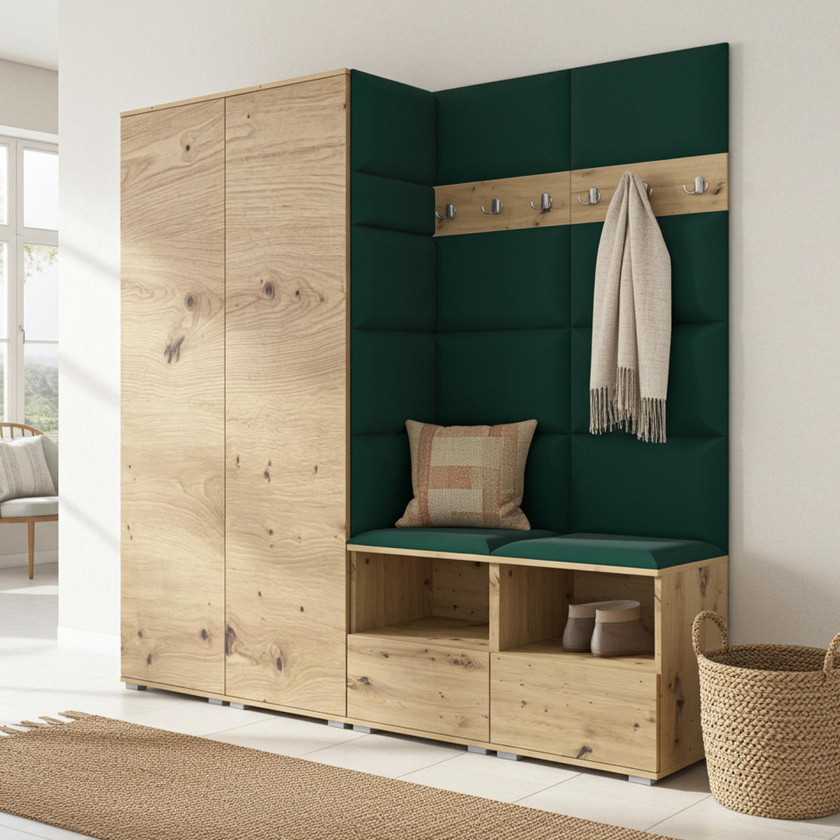 GARDEROBE NELA VI 200 cm (Kompaktgarderobe Artisan Eiche mit Sitzpolster Flaschengrün 28 Schrank & Paneel) - Dunkelgrün/Silberfarben, Holz/Holzwerkstoff (200/187/40cm) - Ravio