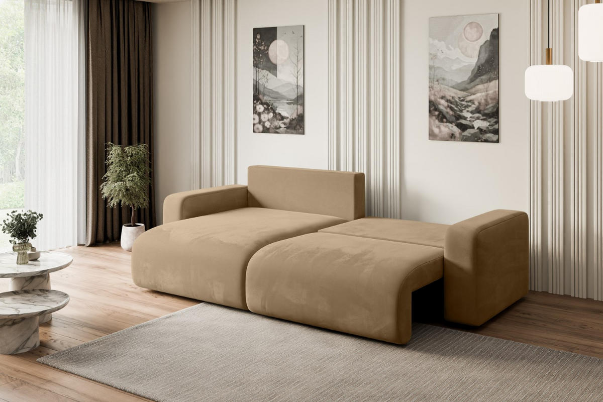ECKSOFA mit Schlaffunktion und Bettkasten KLEEA-L - 247x143x83 cm Beige Velours - Beige/Schwarz, Holzwerkstoff/Kunststoff (247/143cm) - ALTDECOR
