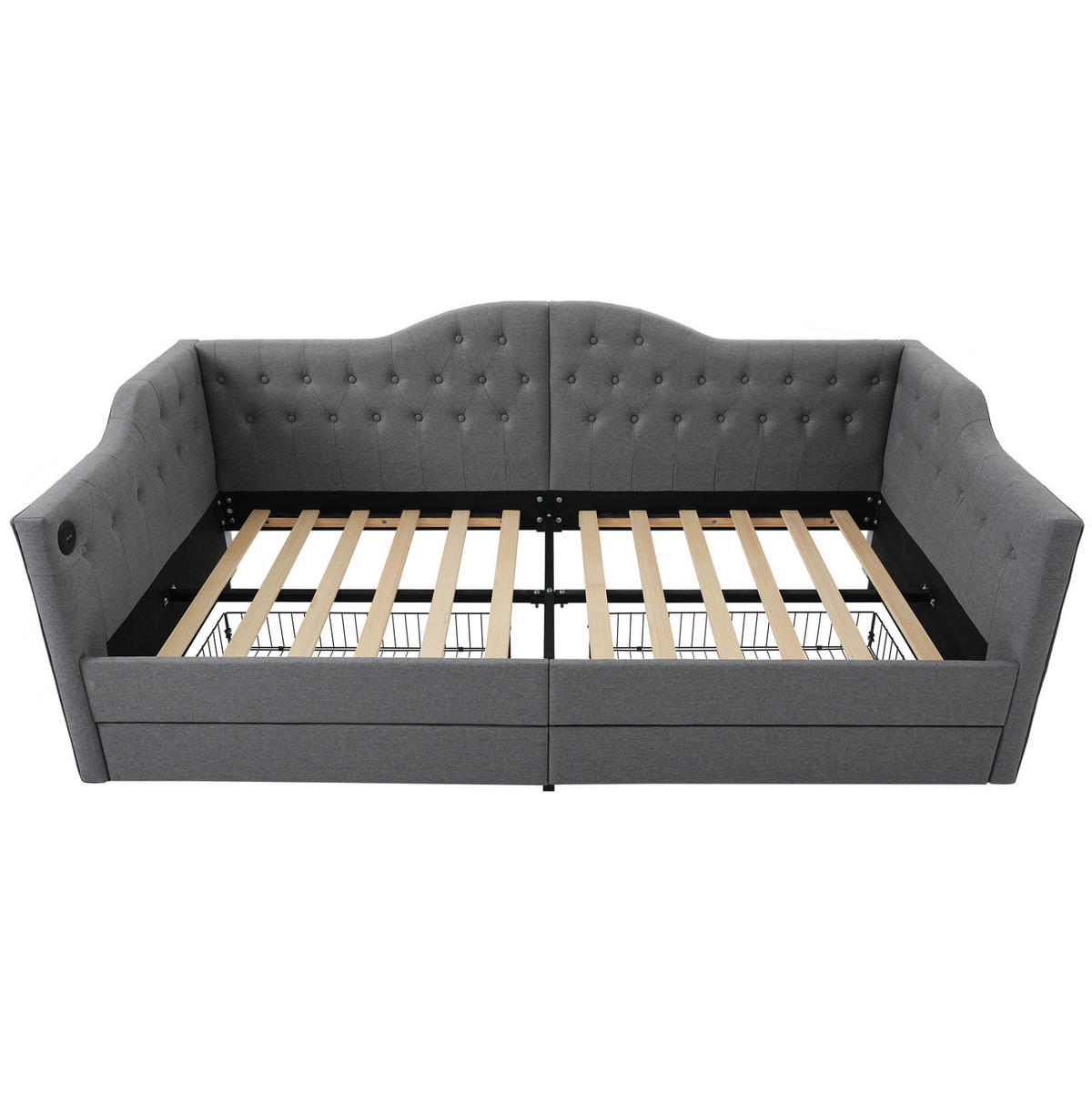 DNEVNA postelja iz lana 90x200 cm siva z USB in Type-C priključkom ter 2 predaloma - siva, tekstil (90/200cm) - Modfu