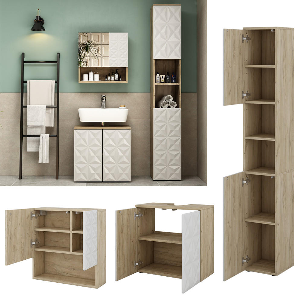 BADMÖBEL-SET Edge Weiß 3 Teile, mit Hochschrank - Eichefarben/Weiß, Holzwerkstoff (60/57/30cm) - Vicco