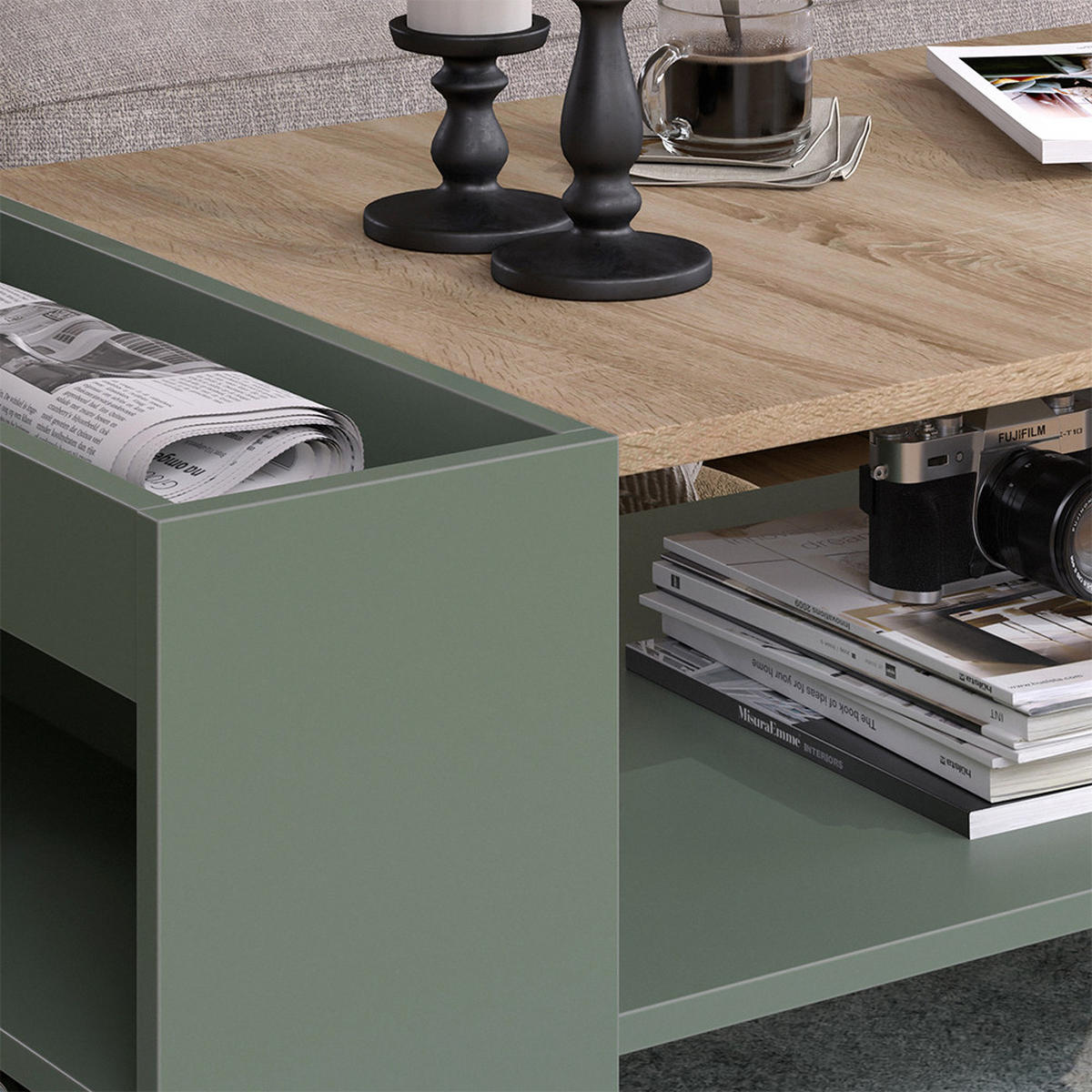 COUCHTISCH Wido Grün 100 x 55 cm mit Regalen - Grün/Sonoma Eiche, Holzwerkstoff (55/100/42cm) - Vicco