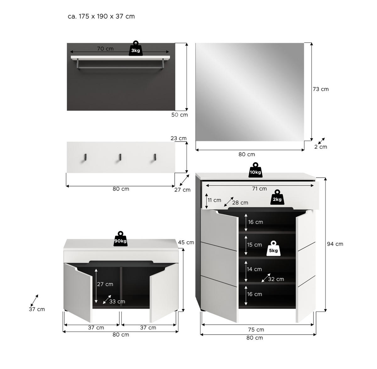 GARDEROBEN-SET 5-teilig in weiß, grau 175 cm, Kombination mit Soft-Close, Cooper - Schwarz/Weiß, Glas/Holzwerkstoff (175/190/37cm) - Inn.Furn