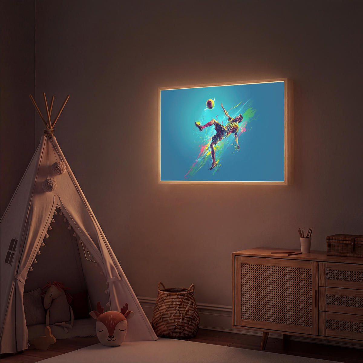 NACHTTISCHLAMPE MIT AKKU Fußballer - Farbspritzer - Farbenfroh - Ball 100x70 cm - Blau, Holzwerkstoff (8/100/70cm) - OnlyWow