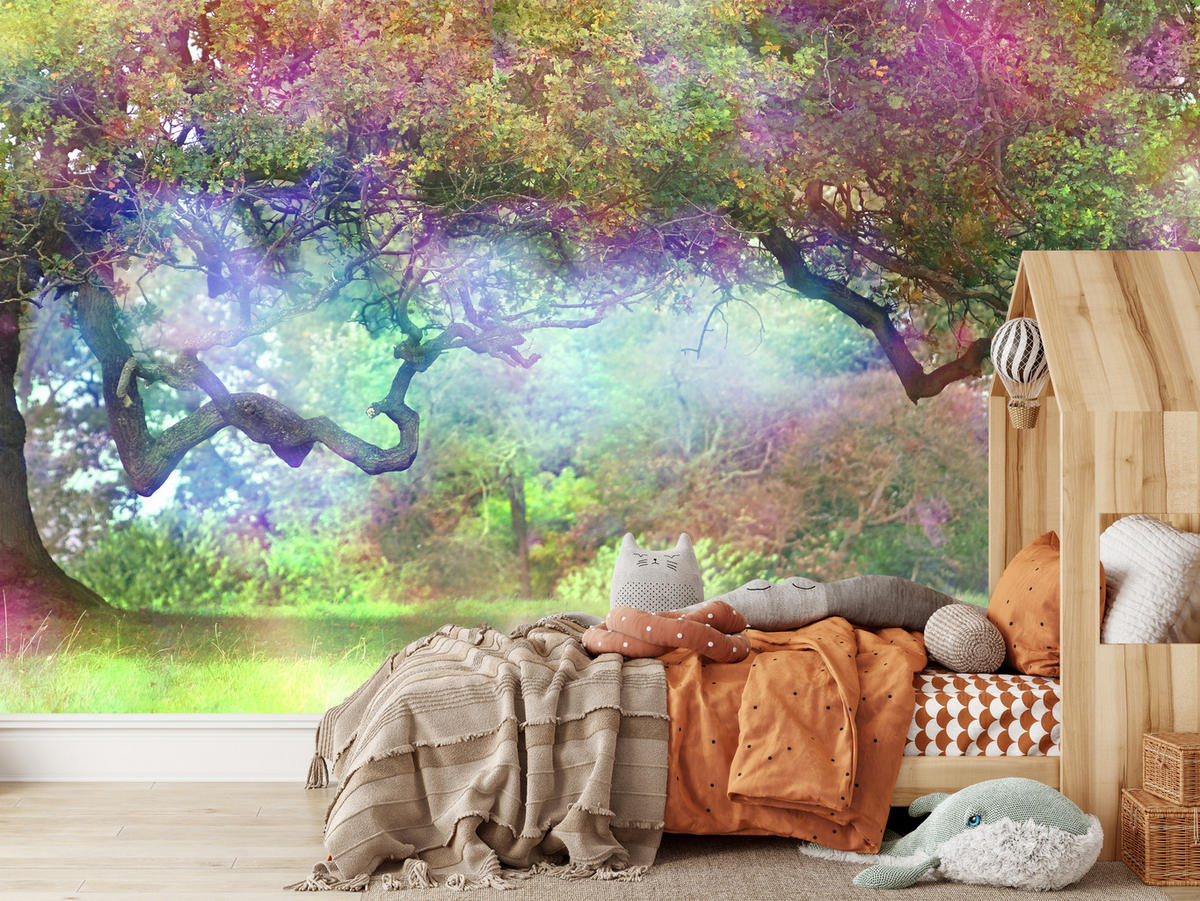 FOTOTAPETE für Kinderzimmer Magischer Bunter Wald Bäume Sträucher Blätter Pflanzen 200x140 - Gelb/Rot, Papier (200/140cm) - Muralo