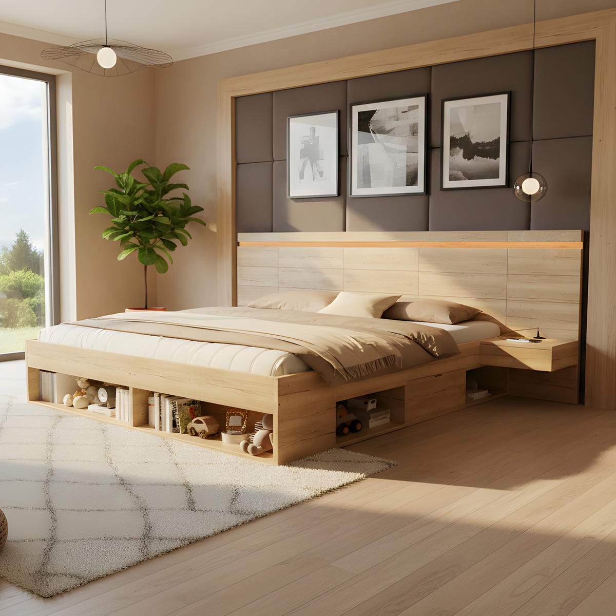 BETT 180/200 cm in Natur mit 2 Nachttischen, Schubladen, LED und USB MDF-Design - Naturfarben, Holzwerkstoff (180/200cm) - STILVORA