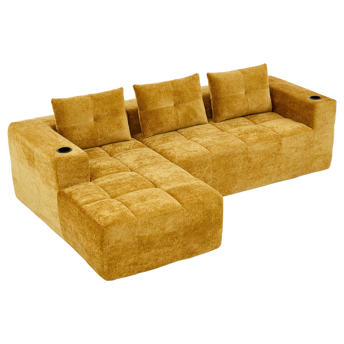 ECKSOFA chenille L-form mit getränkehaltern & 3 kissen - Gelb, Textil (258/163cm) - Urban Meuble