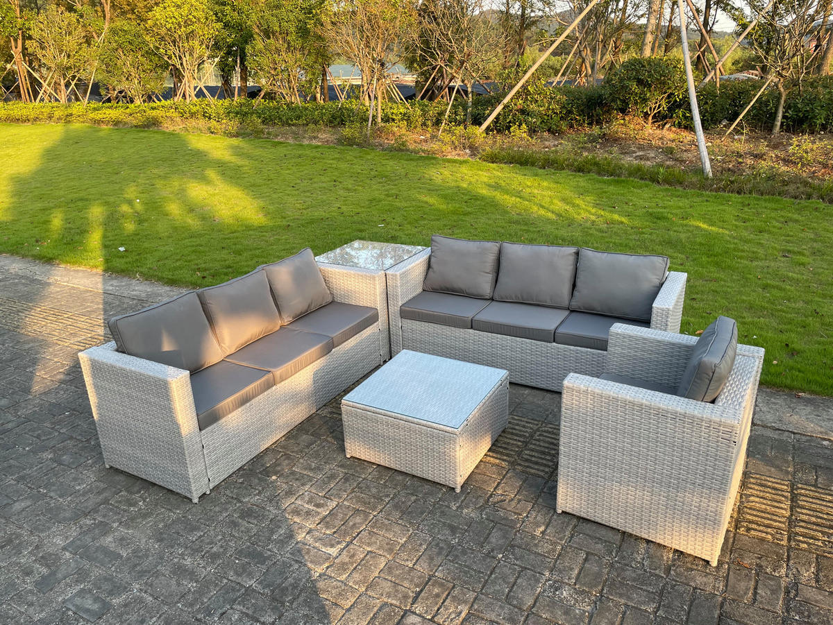 GARTENMÖBEL SET mit Couchtisch Polyrattan Helles Grau 7-Sitzer - Hellgrau, Metall - Fimous