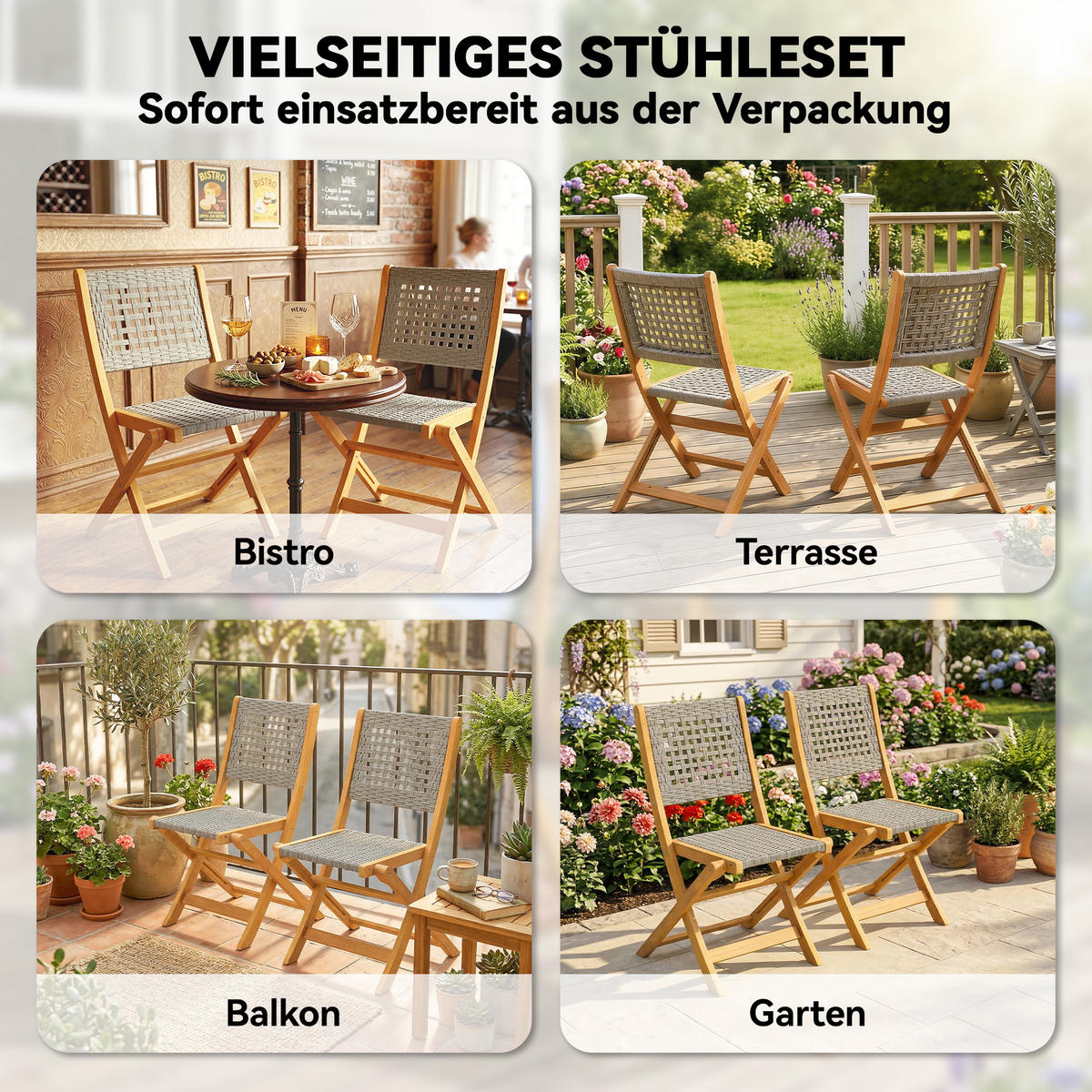 GARTENKLAPPSTUHL 2er Set Akazienholz PE-Rattan Grau - Grau/Akaziefarben, Holz (47.5/88/56cm) - Outsunny