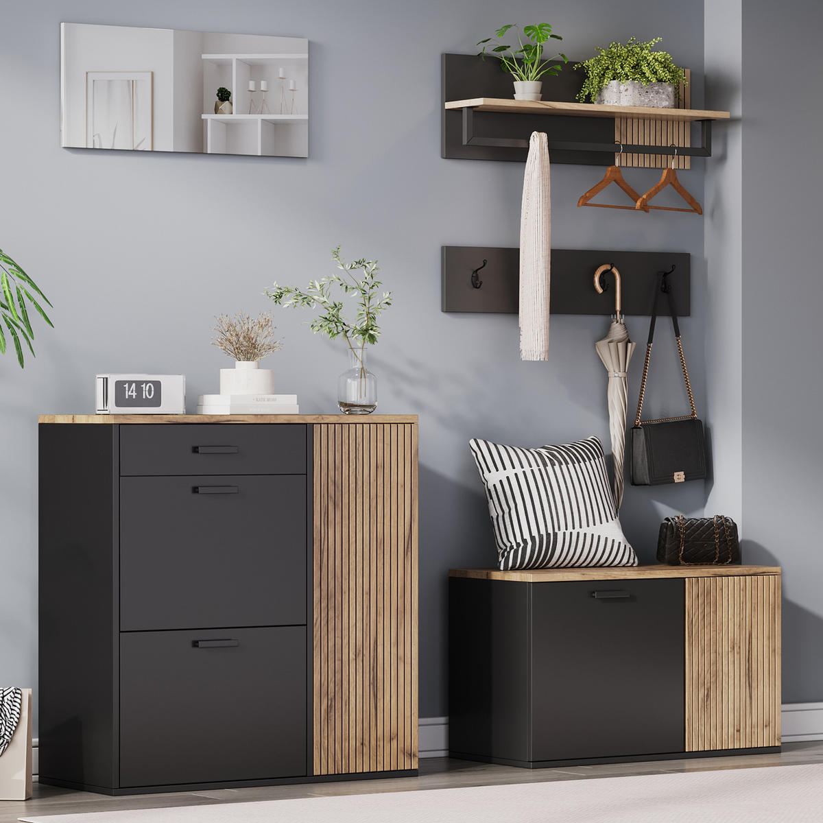 GARDEROBE-SET in Schwarz Schuhschrank mit Spiegel, Schuhschrank & Haken, Flurmöbel mit Stauraum, B120/T35/H180cm - Naturfarben, Holzwerkstoff/Metall (85/85/36cm) - STILVORA
