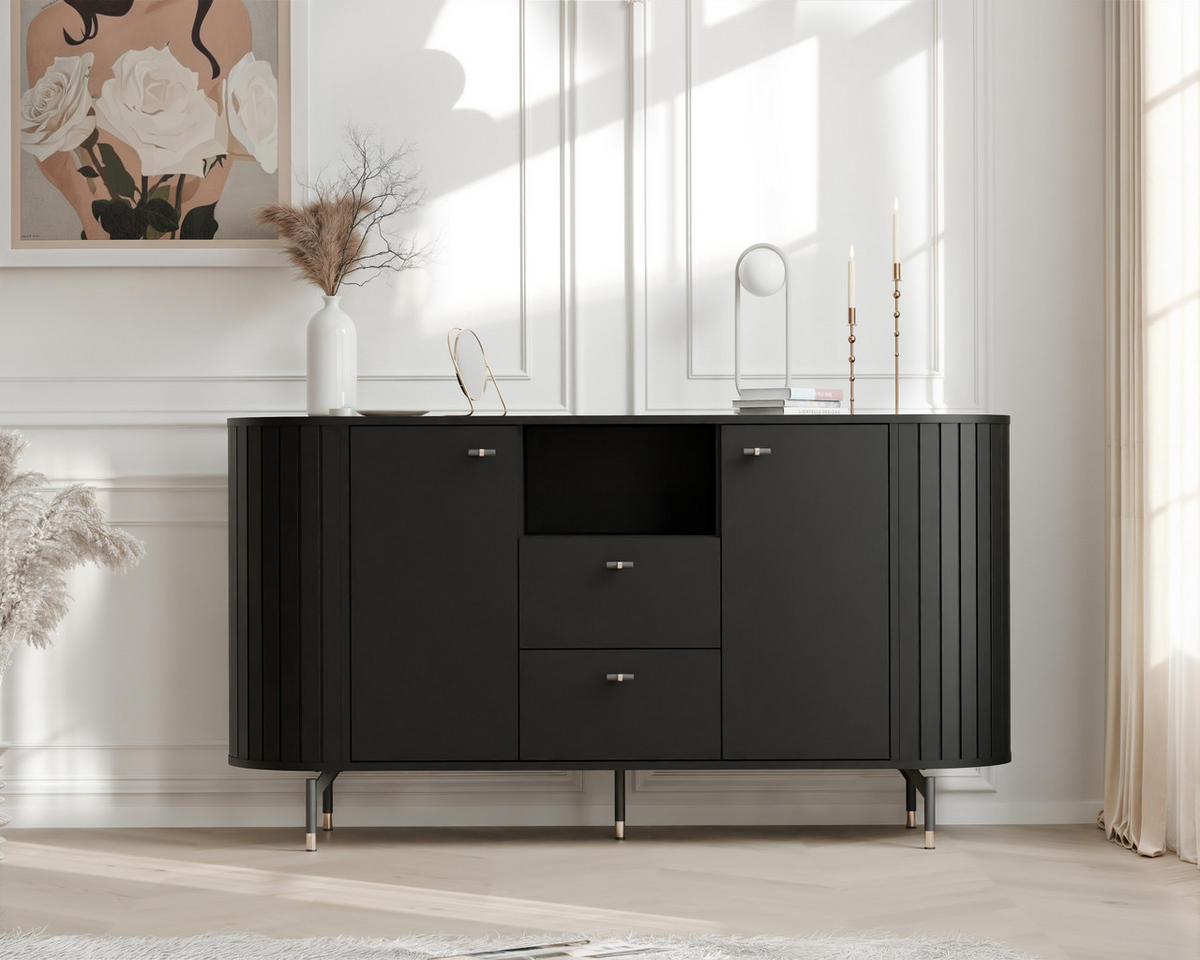 KOMMODE geriffelt, mit Fach, Schwarz - Schwarz, Holzwerkstoff (190/81/40cm) - Idohome