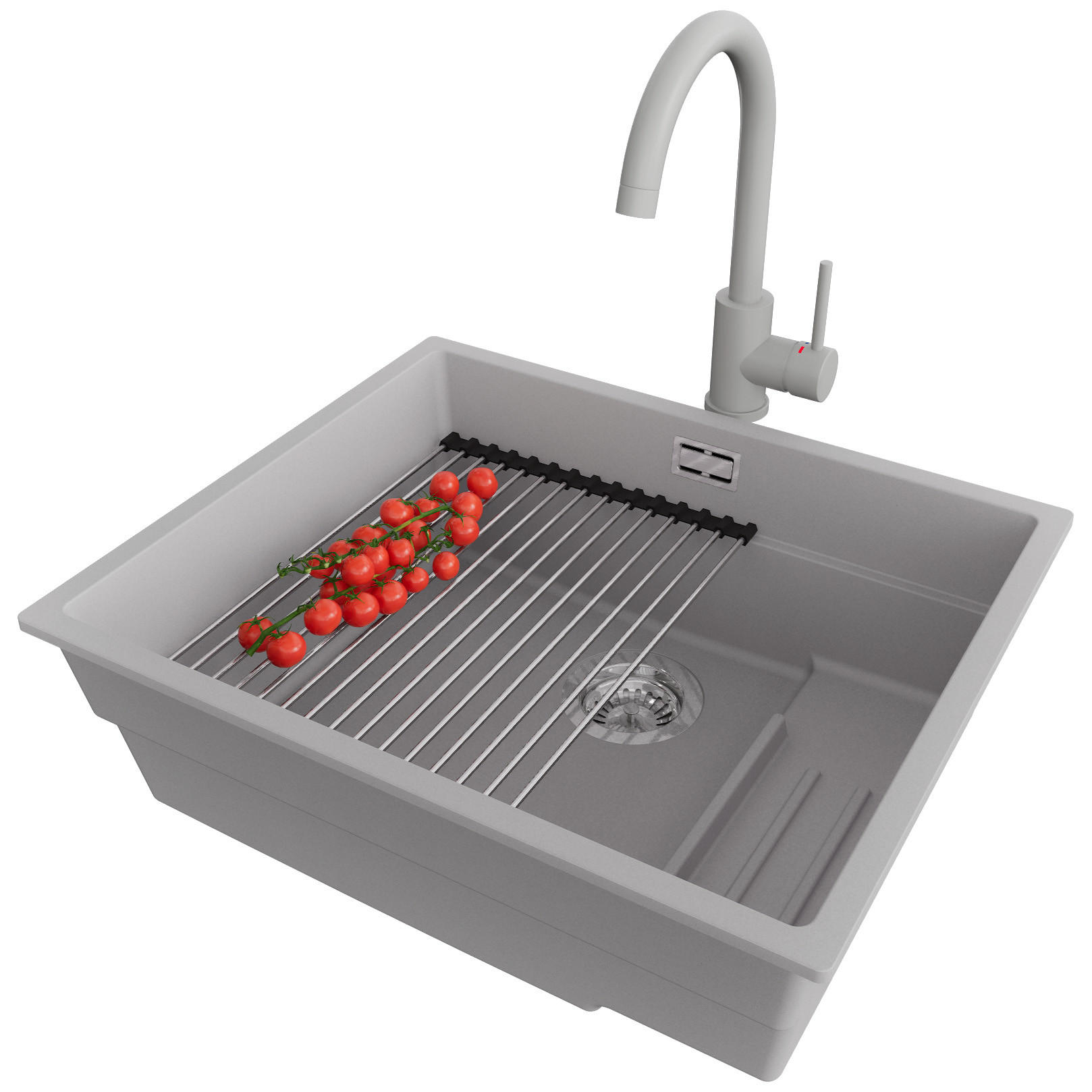 UNTERBAUSPÜLE GRANIT Praga, 2-er set Grau 56/47 cm 1 Becken + Küchenarmatur 32/20 cm + Ablauf-Set + Aufrollbare Abtropffläche ab 60er Unterschrank - Chromfarben/Grau, Kunststoff (56/20/47cm) - Primagran