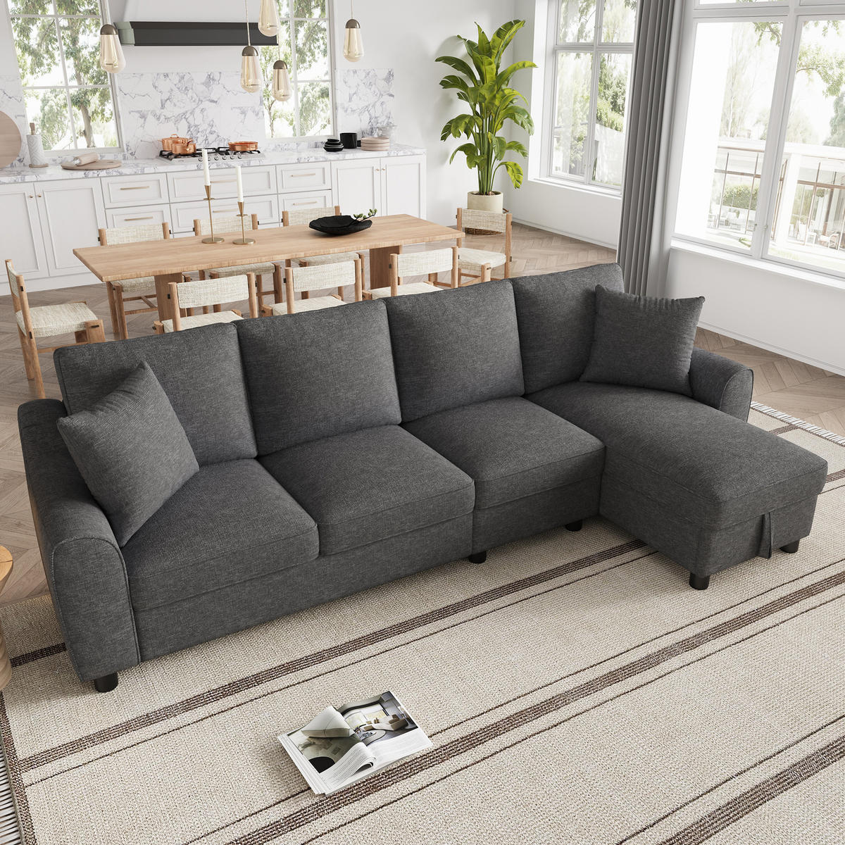 ECKSOFA L Form 3-Sitzer Chenille Stauraum Getränkehalter Grau 280cm - Grau, Textil (280/136cm) - FLIEKS