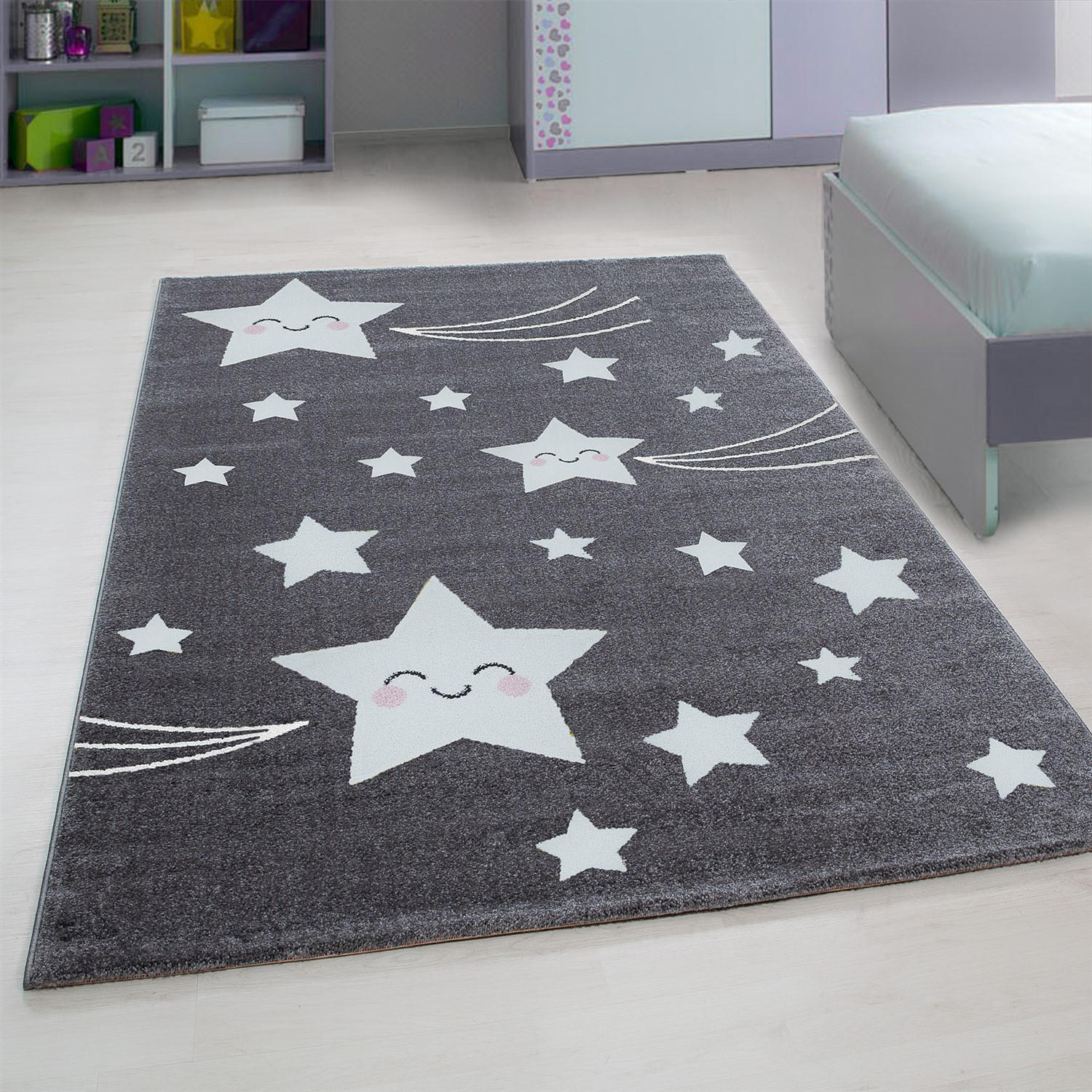 TEPPICH Kinder Sterne Polypropylen saugroboter Kurzflor Kinderzimmer Grau Läufer 80x150 - Grau, Textil (80/150cm) - KADIMA DESIGN