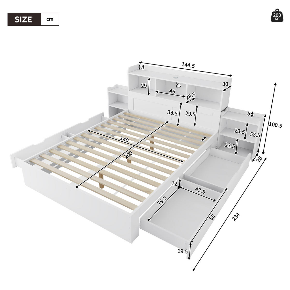HOLZBETT 140x200 Doppelbett Lattenrost Nachttische Weiß - Weiß, Holzwerkstoff - FLIEKS
